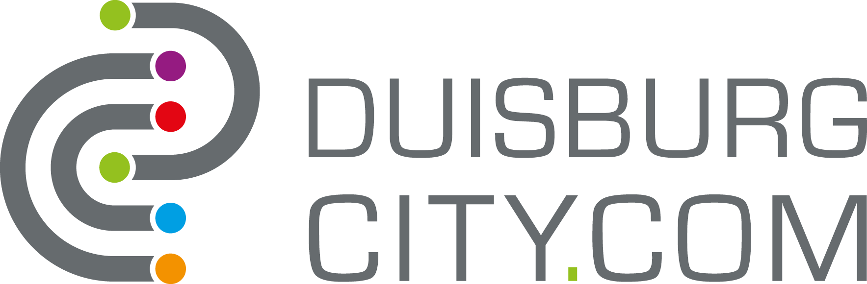 Drei graue Kurven, an deren Endpunkten sich farbige Kreise (grün, lila, rot, blau und orange) befinden. Sie erinnern an Kabel. Rechts daneben der Schriftzug DUISBURG CITY.COM in grau. Der Punkt in CITY.COM ist grün.