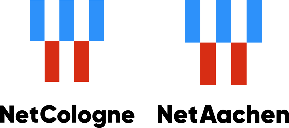 Zwei Logos nebeneinander, links NetCologne und rechts NetAachen, mit blauen und roten vertikalen Balken als grafisches Element.