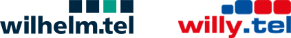 Zwei Logos nebeneinander, links wilhelm.tel in dunklem Blau und rechts willy.tel in Rot und Blau.