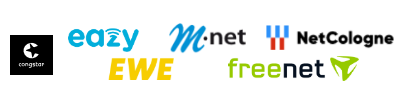 Mehrere Logos von Internetanbietern, darunter Congstar, eazy, M-net, NetCologne, EWE und freenet.