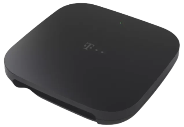 Flaches, schwarzes Telekom Glasfaser Modem mit dezentem Logo.