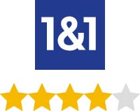 1&1 in weißer Schrift, der Hintergrund ist ein blaues Quadrat - darunter 4 von 5 Sternen