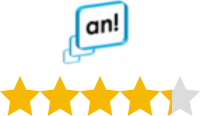 Das Logo von „an!“ mit einer Bewertung von 4,3 von 5 Sternen, dargestellt durch goldene und graue Sterne.