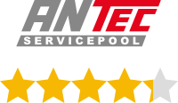 Das Logo von „Antec Servicepool“ mit einer Bewertung von 4,3 von 5 Sternen, dargestellt durch goldene und graue Sterne.