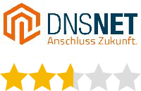 Das Logo von „DNS:NET“ mit einer Bewertung von 2 von 5 Sternen, dargestellt durch goldene und graue Sterne.