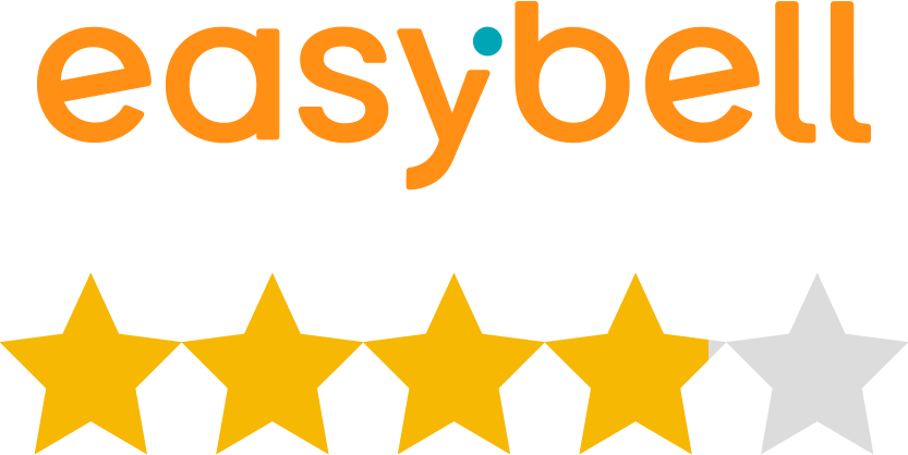 Das Logo von „easybell“ mit einer Bewertung von 4 von 5 Sternen, dargestellt durch goldene und graue Sterne.
