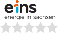 Das Logo von „eins energie in Sachsen“ mit einer Bewertung von 0 von 5 Sternen, dargestellt durch graue Sterne.