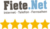 Das Logo von Fiete.Net mit einer Bewertung von 5 von 5 Sternen, dargestellt durch goldene Sterne.