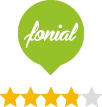 Das Logo von fonial mit einer Bewertung von 3,8 von 5 Sternen, dargestellt durch goldene und graue Sterne.