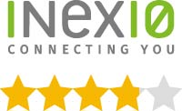 Das Logo von inexio mit einer Bewertung von 3,8 von 5 Sternen, dargestellt durch goldene und graue Sterne.