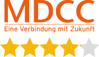 Das Logo von MDCC mit dem Slogan „Eine Verbindung mit Zukunft“ und einer Bewertung von 4,1 von 5 Sternen, dargestellt durch goldene und graue Sterne.