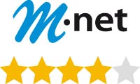 Das Logo von M-net mit einer Bewertung von 4 von 5 Sternen, dargestellt durch goldene und graue Sterne.
