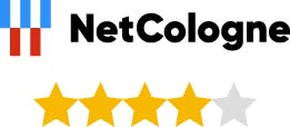 Das Logo von NetCologne mit einer Bewertung von 4 von 5 Sternen, dargestellt durch goldene und graue Sterne.