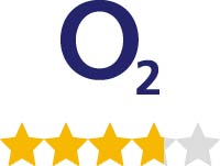 Das Logo von O2 mit einer Bewertung von 3,7 von 5 Sternen, dargestellt durch goldene und graue Sterne.