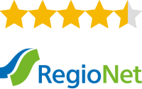 Das Logo von RegioNet mit einer Bewertung von 4,6 von 5 Sternen, dargestellt durch goldene und graue Sterne.