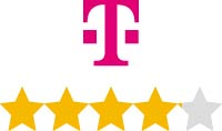 Das Telekom-Logo mit einer Bewertung von 4,1 von 5 Sternen, dargestellt durch goldene und graue Sterne.