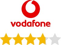 Das Vodafone-Logo mit einer Bewertung von 3,6 von 5 Sternen, dargestellt durch goldene und graue Sterne.