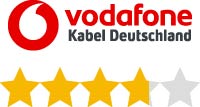 Das Logo von Vodafone Kabel Deutschland mit einer Bewertung von 3,6 von 5 Sternen, dargestellt durch goldene und graue Sterne.