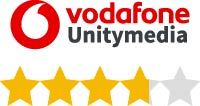 Das Logo von Vodafone Unitymedia mit einer Bewertung von 3,4 von 5 Sternen, dargestellt durch goldene und graue Sterne.