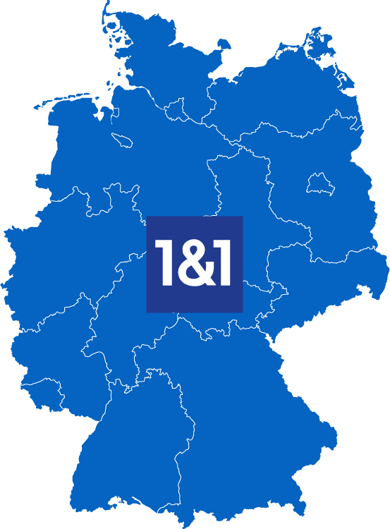 Eine Deutschlandkarte in Blau mit dem 1&1-Logo in der Mitte, das die Internetverfügbarkeit des Anbieters zeigt.