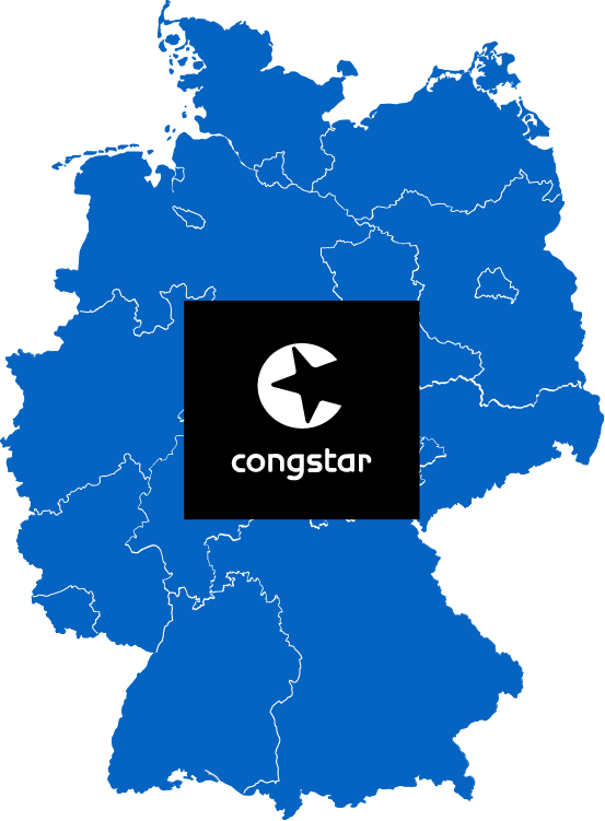 Eine Deutschlandkarte, vollständig in Blau, mit dem Congstar-Logo in der Mitte.