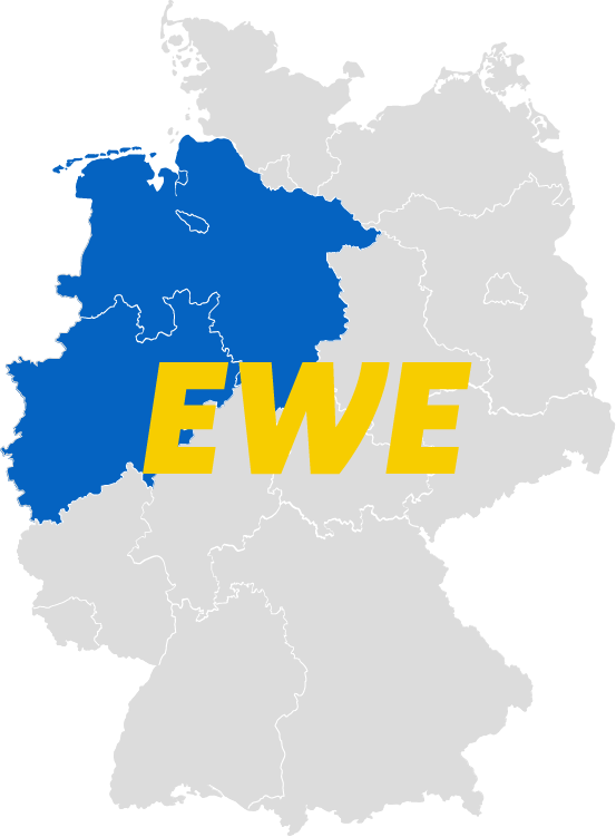 Eine Deutschlandkarte mit blau markierten Regionen im Nordwesten, die das Versorgungsgebiet von EWE zeigt.