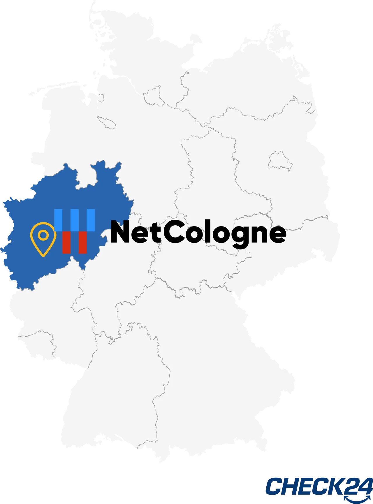 Eine Karte von Deutschland mit dem Versorgungsgebiet von NetCologne in Nordrhein-Westfalen, ebenfalls mit einer Standortmarkierung.