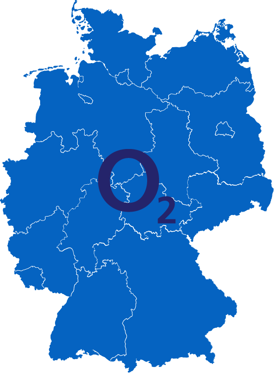Eine Karte von Deutschland mit der O2-Internetverfügbarkeit, die das gesamte Land in Blau darstellt.