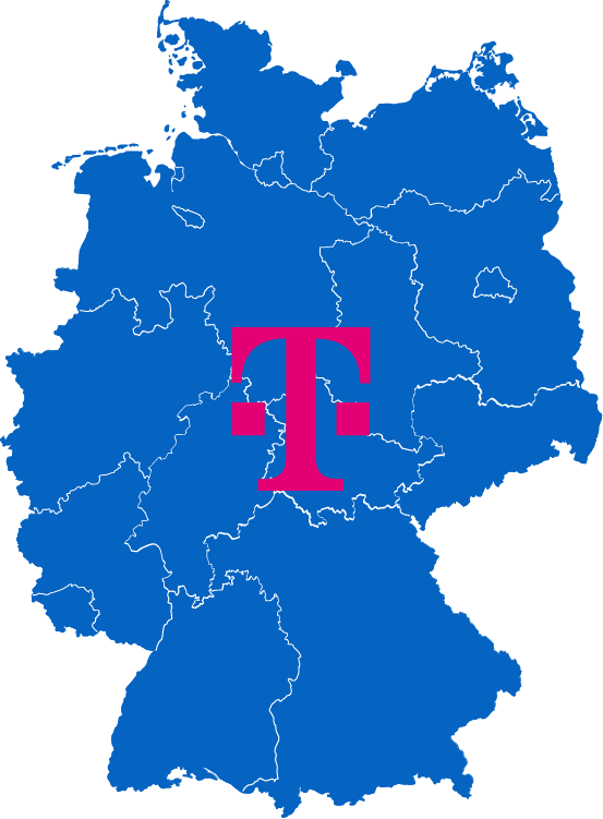 Deutschlandkarte mit Telekom-Logo, zeigt die bundesweite Netzabdeckung für DSL, VDSL und Glasfaser