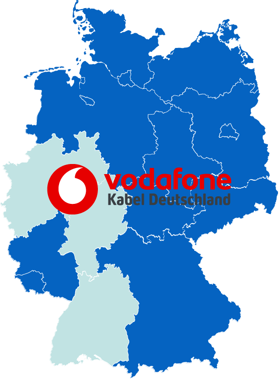 Deutschlandkarte mit Vodafone Kabel Deutschland-Logo, markierte Regionen für Kabel-Internet-Verfügbarkeit