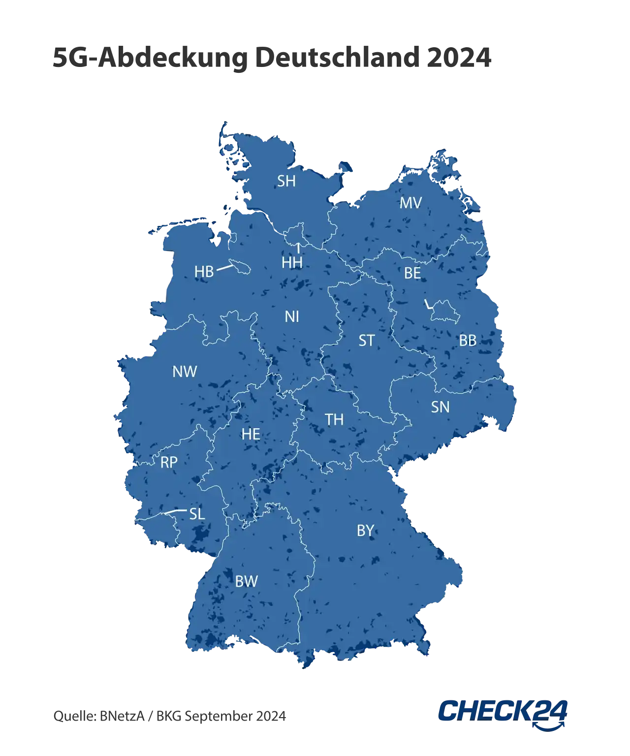 Karte mit der 5G-Netzabdeckung in Deutschland für das Jahr 2024, basierend auf Daten der Bundesnetzagentur.