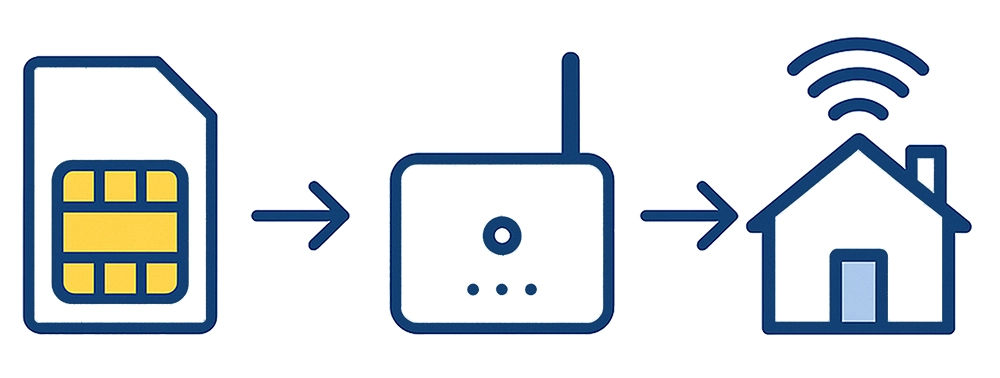 Illustration: Datenfluss von SIM-Karte über mobilen Router zum Haus mit WLAN-Signal, symbolisiert durch Pfeile und Icons